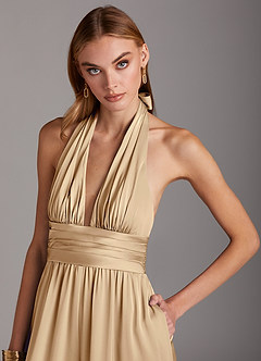 Azazie Oli Bridesmaid Dresses Champagne Pleated Stretch Satin Jumpsuit image6