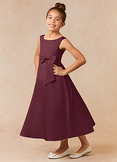 Azazie Lindy vestidos de niña de las flores Vestido de Cabernet de Satin Mate de Acampanado con Plisado image1