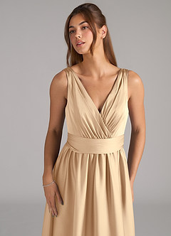 Azazie Kora Bridesmaid Dresses Champagne A-Line Pleated Stretch Satin Dress image7