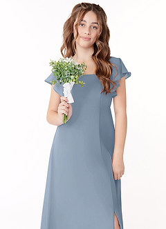 Azazie Bondi Junior Dusty Blue A-Line Bow Chiffon Dress image4