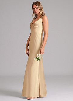 Azazie Kamila Bridesmaid Dresses Champagne A-Line Pleated Stretch Satin Dress image6