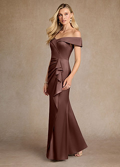 Azazie Laredo Vestidos para mãe da noiva Vestido Café Expresso de Cetim elástico de sereia com Fora do ombro image5
