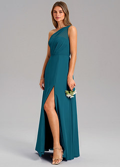 Azazie Phaedra Jurken voor bruidsmeisjes Jurk van Chiffon met A-Lijn One-Shoulder Inkt Blauw image5