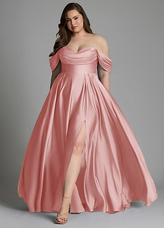 Azazie Loisa At-home Try On Dresses Dusty Blue A-Line Off the Shoulder Stretch Satin Dress image11