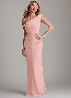 Azazie Emerson At-home Try On Dresses Dusty Blue Sheath Off the Shoulder Chiffon Dress image1