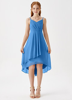 Azazie Mariam Junior Abito A-Line in Chiffon Plissettato Blue Jay image4