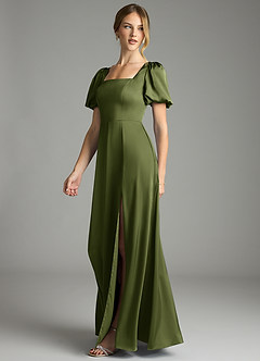 Azazie Fyona Bridesmaid Dresses Olive A-Line Pleated Stretch Satin Dress image4