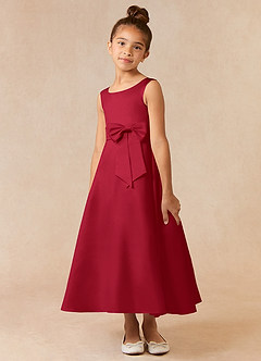 Azazie Lindy Flower Girl Dresses Scarlet A-Line Pleated Matte Satin Dress image3