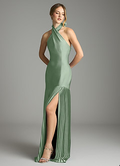 Azazie Nayeli Jurken voor bruidsmeisjes Jurk van Stretch Satijn met A-Lijn Geplooid Matcha image4