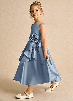 Azazie Hermia Robe Demoiselle D'honneur Fillette Robe Trapèze en Mat Satiné Sans manches Bleu Poussiéreux image4