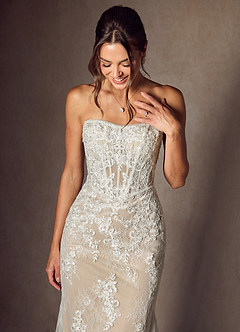 Azazie Caitlin Wedding Dresses Diamond White Nude Mermaid Strapless Lace Dress image10