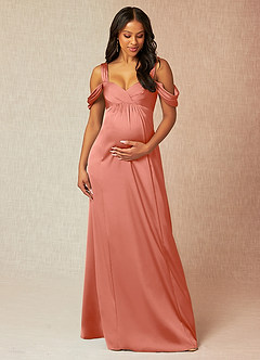 Azazie Rhea Robes de demoiselle d'honneur de maternité Robe Trapèze Épaule nue plissée Longueur ras du sol Satin extensible image1