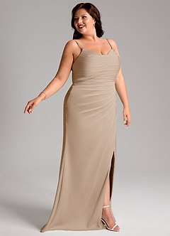 Azazie Deandra Bridesmaid Dresses Taupe Mermaid Pleated Stretch Satin Dress image11