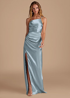 Azazie Eren Bridesmaid Dresses Dusty Blue Sheath One Shoulder Metallic Satin Dress image3