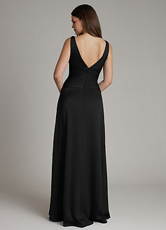 Azazie Pauline Bridesmaid Dresses Black A-Line Pleated Stretch Satin Dress image2