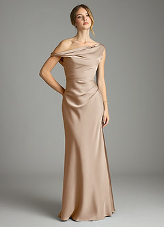 Azazie Emerson Bridesmaid Dresses Taupe Mermaid Off the Shoulder Stretch Satin Dress image1
