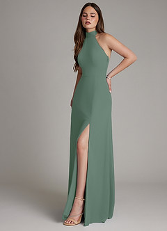 Azazie Myra Vestidos de damas de honor Vestido de Eucalipto de Gasa de Corte en A con Cuello Alto image6