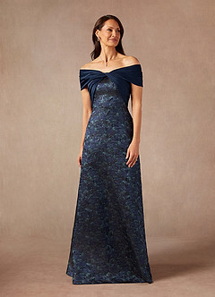 Azazie Amelia vestidos de madre de la novia Vestido de Azul Marino Oscuro de Jacquard de Corte En A con Vestidos sin tirantes image4