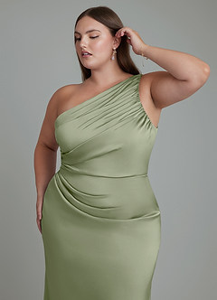 Azazie Akilah Vestidos de damas de honor Vestido Pistacho de Satén Elástico de Corte Sirena con Un hombro image13