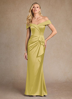 Azazie Laredo Moeder van de bruid jurken Zeemeermin Jurk van Stretch Satijn Off the Shoulder Kanarie image3