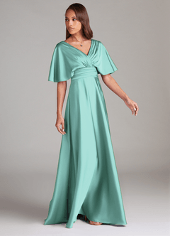 Azazie Pamela Robes de demoiselle d'honneur Robe Trapèze en Satin extensible Plissée Aqua image2