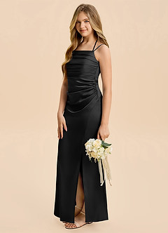 Azazie Nova Junior Black A-Line Pleated Stretch Satin Dress image4