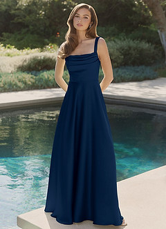 Azazie Shaude Bridesmaid Dresses Dark Navy A-Line Pleated Stretch Satin Dress image4
