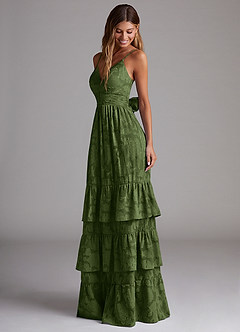 Azazie Nathalia Jurken voor bruidsmeisjes Jurk van Bloemen Burn-out met A-Lijn Boog Olijf image3