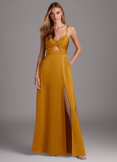 Azazie Jenna Bridesmaid Dresses Butterscotch A-Line Pleated Stretch Satin Dress image2