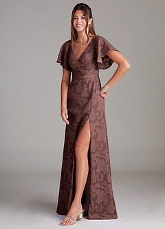 Azazie Ambrosia Jurken voor bruidsmeisjes Jurk van Bloemen Burn-out met A-Lijn Geplooid Espresso image4