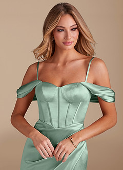 Azazie Asha Bridesmaid Dresses Agave Sheath Off the Shoulder Metallic Satin Dress image2