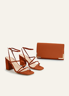 front Matching Color Matte Satin Ankle Strap Block Heel Sandals & Envelope Clutch Set