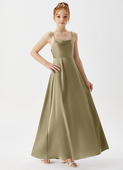 Azazie Shale Junior Robe Trapèze en Satin extensible Vert Mousse image4