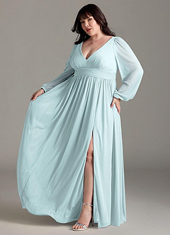 Azazie Norah Bridesmaid Dresses Mist A-Line V-Neck Long Sleeve Chiffon Dress image10