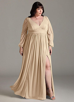 Azazie Norah Abiti da Damigella Abito A-Line in Chiffon con Maniche lunghe e Scollo a V Champagne image9