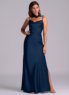 Azazie Yazmine Venta Final Vestido de Azul Marino Oscuro de Satén Elástico de Corte Sirena con Plisado image3