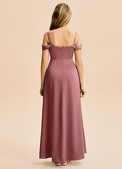 Azazie Lettie Junior Vestido Ametista de Cetim elástico de Linha A com Fora do ombro image3