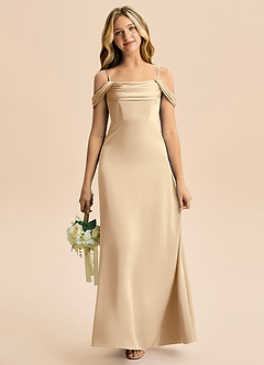 Azazie Lettie Junior Abito A-Line in Raso Elasticizzato a Spalla Scoperta Champagne image2