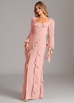 Azazie Candice Brautjungfernkleider A-Linie Langarm Chiffon Kleid Rosettenrosa image3