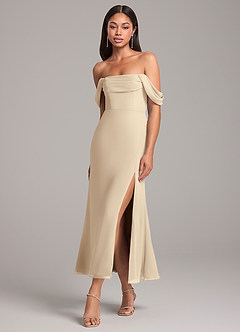Azazie Saige Robes de demoiselle d'honneur Robe Fourreau Convertible en Mousseline de soie Épaule décolletée Champagne image3