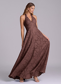 Azazie Tessie Brudtärnklänningar Klä av A-Linje i Blommig Utbrändhet Plisserad Espresso image5