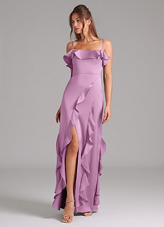 Azazie Malia Bridesmaid Dresses Wisteria A-Line Side Slit Stretch Satin Dress image1