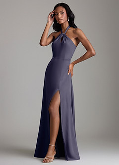 Azazie Tracie Bridesmaid Dresses Stormy A-Line Side Slit Stretch Satin Dress image4