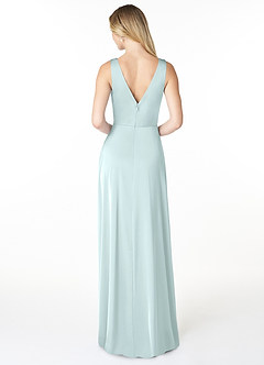 Azazie Nelly Bridesmaid Dresses Sea Glass A-Line V-Neck Pleated Stretch Satin Dress image2
