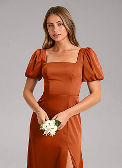 Azazie Fyona Bridesmaid Dresses Burnt Orange A-Line Pleated Stretch Satin Dress image6