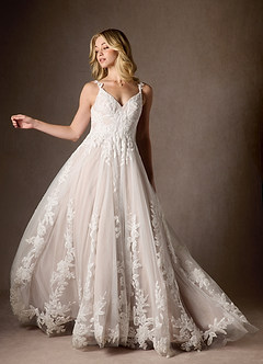 Azazie Delaina Wedding Dresses Diamond White Caramel A-Line V-Neck Sequins Tulle Dress image12