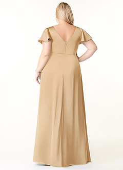 Azazie Soren Bridesmaid Dresses Gold A-Line Pleated Stretch Satin Dress image9