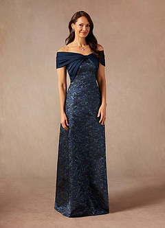 Azazie Amelia vestidos de madre de la novia Vestido de Azul Marino Oscuro de Jacquard de Corte En A con Vestidos sin tirantes image5