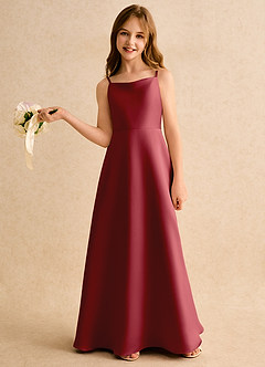 Azazie Joella Girls Formal Flower Girl Dresses Pomegranate A-Line Pleated Matte Satin Dress image2