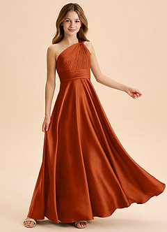 Azazie Charlize Junior A라인 주름진 스트레치 새틴 플로어 길이 주니어 신부 들러리 드레스 image5